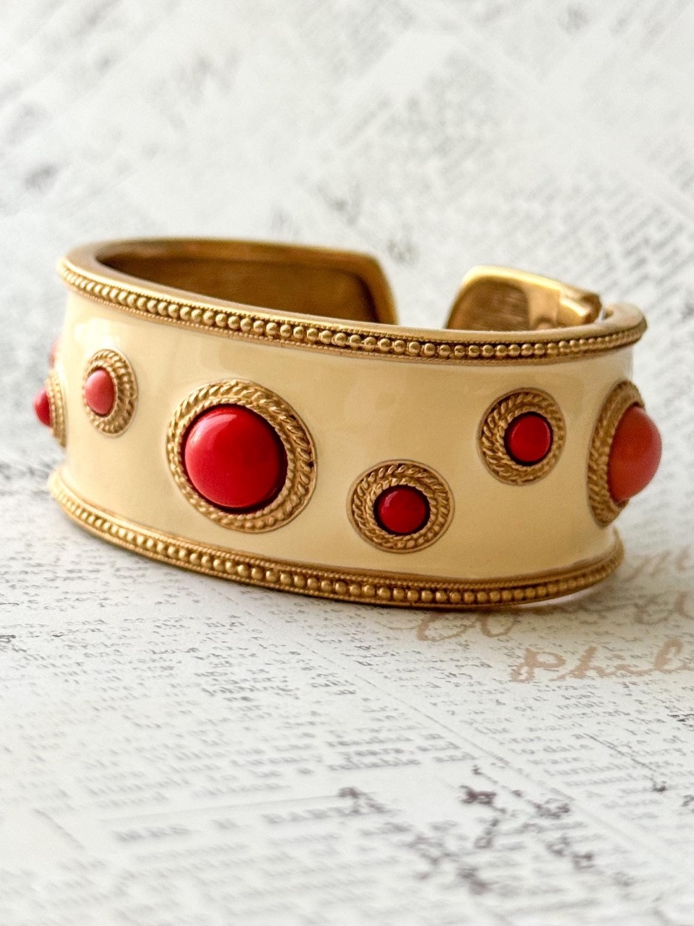 Kenneth Jay Lane KJL Vintage Coral Cabochon Enamel Cuff Bracelet